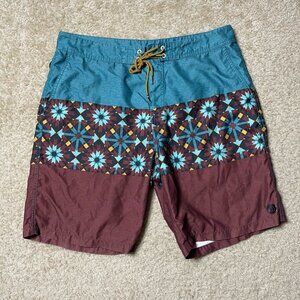 Free World Mens Board Shorts Swim Multicolor Floral Colorblock Drawstring 36